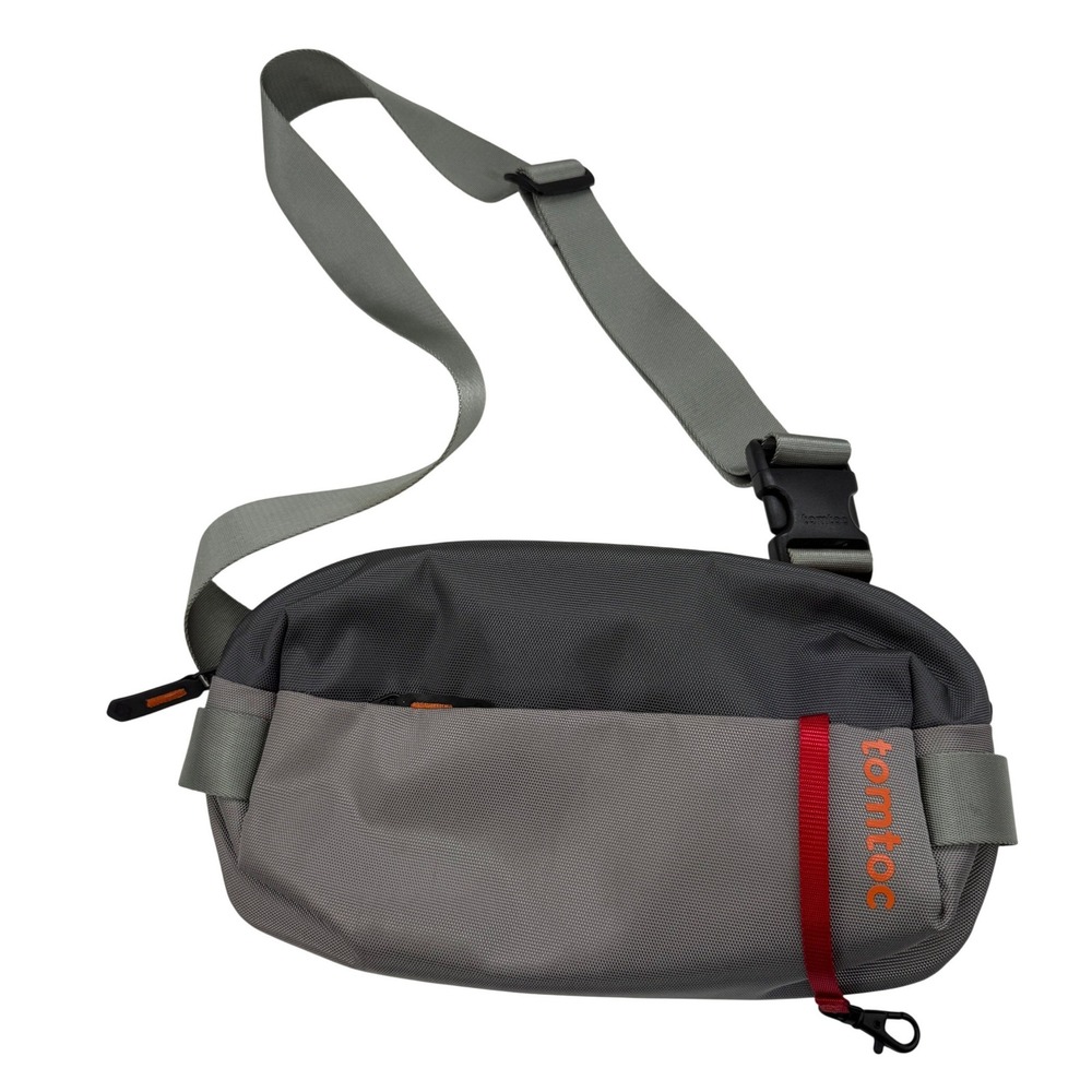 tomtoc Grey Nylon Sling Bag Tech Gear Compartments Crossbody Fanny EDC Bag